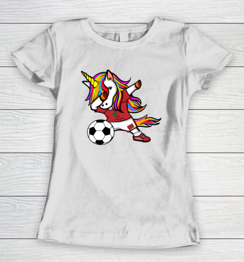 Funny Dabbing Unicorn Morocco Football Moroccan Flag Soccer Women's T-Shirt