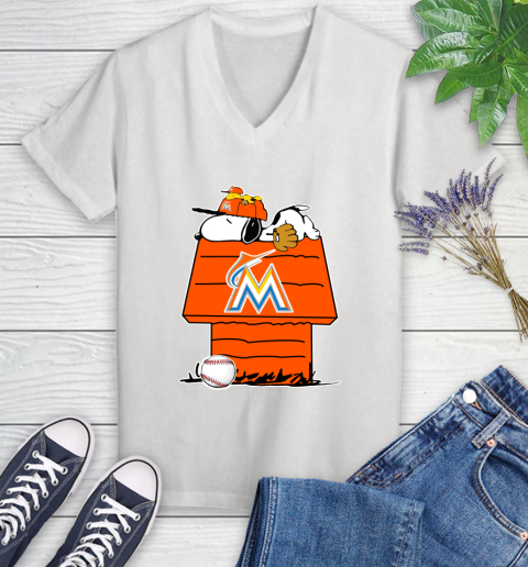 MLB Miami Marlins Snoopy Woodstock The Peanuts Movie Baseball T Shirt Women's V-Neck T-Shirt