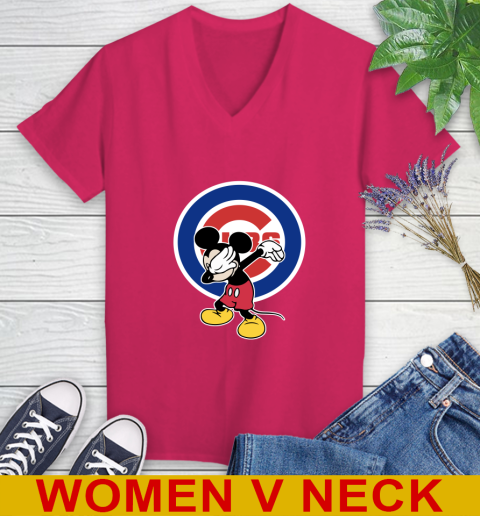 Chicago Cubs MLB Baseball Dabbing Mickey Disney Sports Women's V-Neck T-Shirt 10