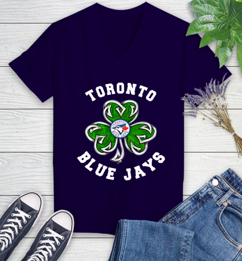 MLB Toronto Blue Jays Three Leaf Clover St Patrick's Day Baseball Sports Women's V-Neck T-Shirt 3