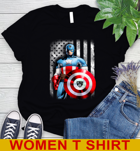 Brooklyn Nets NBA Basketball Captain America Marvel Avengers American Flag Shirt Women's T-Shirt