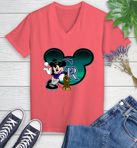 MLB Colorado Rockies The Commissioner's Trophy Mickey Mouse Disney Women's V-Neck T-Shirt 6
