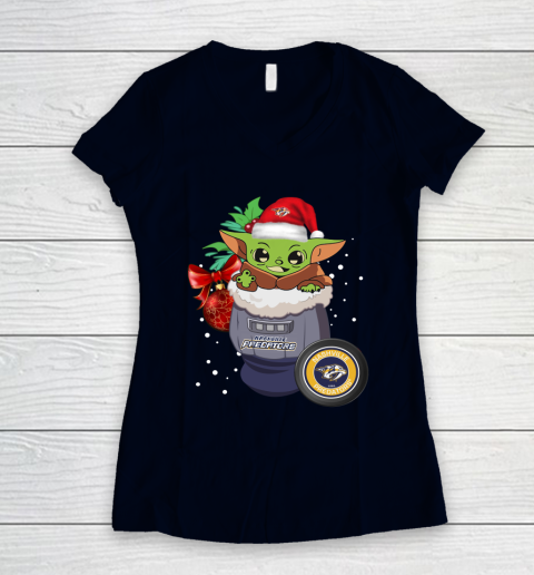 Nashville Predators Christmas Baby Yoda Star Wars Funny Happy NHL Women's V-Neck T-Shirt 3