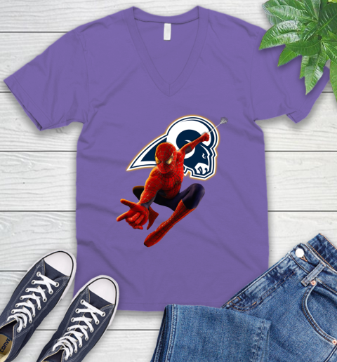 NFL Spider Man Avengers Endgame Football Los Angeles Rams V-Neck T-Shirt 9