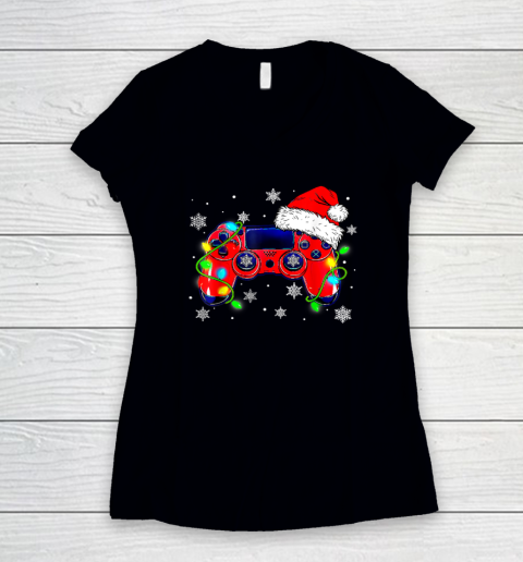 Video Game Controller Christmas Santa Hat Gamer Women's V-Neck T-Shirt