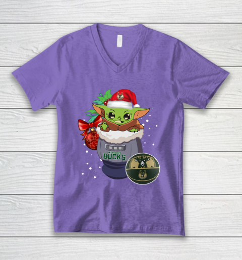Milwaukee Bucks Christmas Baby Yoda Star Wars Funny Happy NBA V-Neck T-Shirt 9