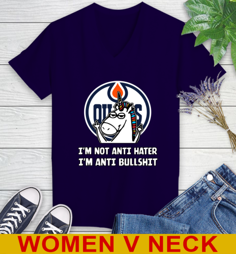 Edmonton Oilers NHL Hockey Unicorn I'm Not Anti Hater I'm Anti Bullshit Women's V-Neck T-Shirt 4