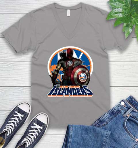 NHL Captain America Thor Spider Man Hawkeye Avengers Endgame Hockey New York Islanders V-Neck T-Shirt 4