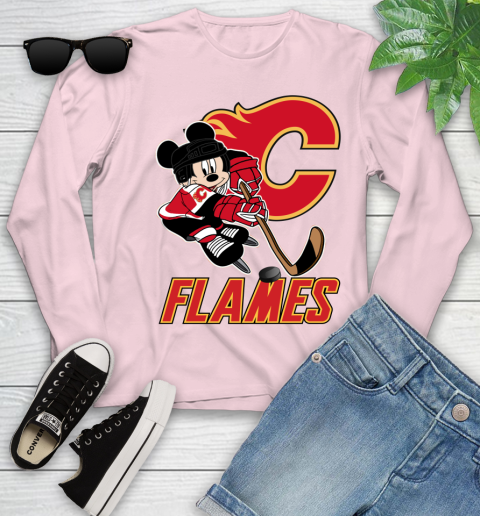 NHL Calgary Flames Mickey Mouse Disney Hockey T Shirt Youth Long Sleeve 10
