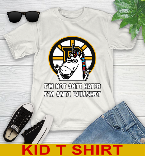 Boston Bruins NHL Hockey Unicorn I'm Not Anti Hater I'm Anti Bullshit Youth T-Shirt