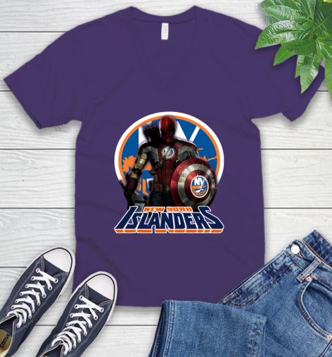 NHL Captain America Thor Spider Man Hawkeye Avengers Endgame Hockey New York Islanders V-Neck T-Shirt 10