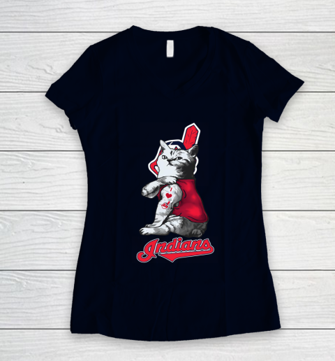MLB Baseball My Cat Loves Cleveland Indians Women's V-Neck T-Shirt 2