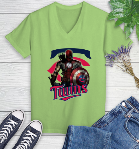 MLB Captain America Thor Spider Man Hawkeye Avengers Endgame Baseball Minnesota Twins Women's V-Neck T-Shirt 11