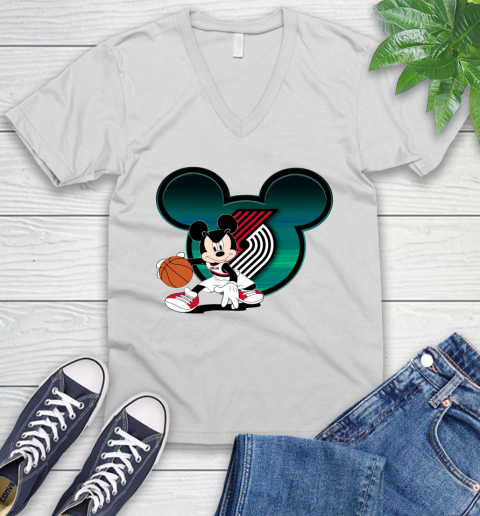 NBA Portland Trail Blazers Mickey Mouse Disney Basketball V-Neck T-Shirt