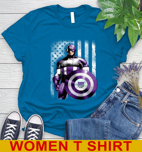 Sacramento Kings NBA Basketball Captain America Marvel Avengers American Flag Shirt Women's T-Shirt 8