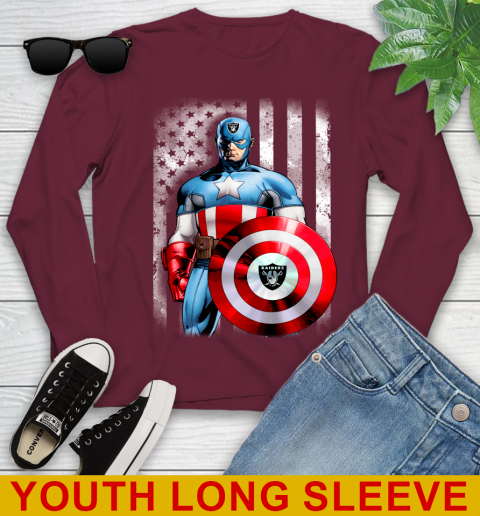 Oakland Raiders NFL Football Captain America Marvel Avengers American Flag Shirt Youth Long Sleeve 6