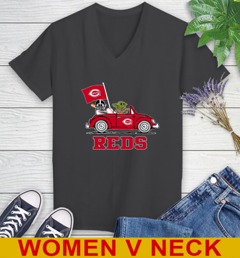 MLB Baseball Cincinnati Reds Darth Vader Baby Yoda Driving Star Wars Shirt Women's V-Neck T-Shirt 9