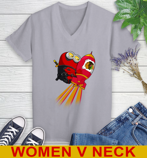 NHL Hockey Chicago Blackhawks Deadpool Minion Marvel Shirt Women's V-Neck T-Shirt 4