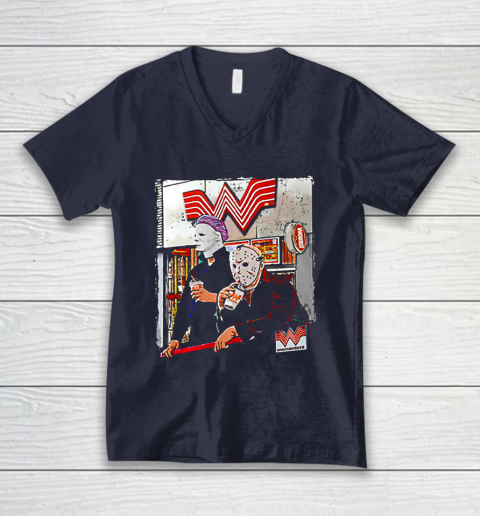 Michael Myers and Jason Voorhees drinking Whataburger V-Neck T-Shirt 2
