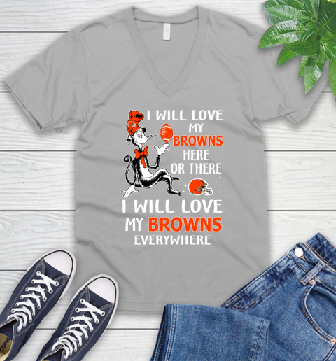 NFL Football Cleveland Browns I Will Love My Browns Everywhere Dr Seuss Shirt V-Neck T-Shirt 3