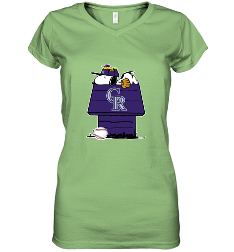 Colorado Rockies Snoopy And Woodstock Resting Together MLB Women's V-Neck T-Shirt