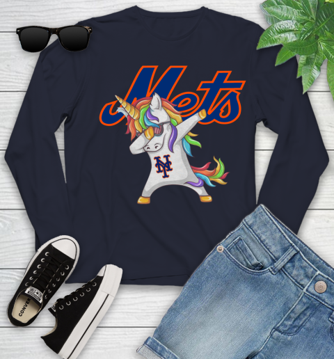 New York Mets MLB Baseball Funny Unicorn Dabbing Sports Youth Long Sleeve 3