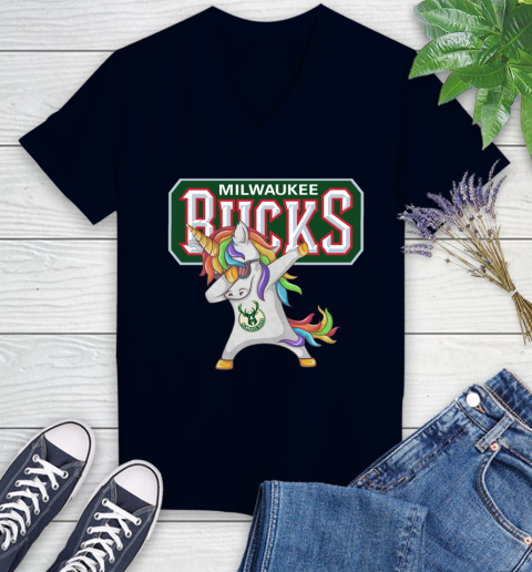 Milwaukee Bucks NBA Basketball Funny Unicorn Dabbing Sports Women's V-Neck T-Shirt 3