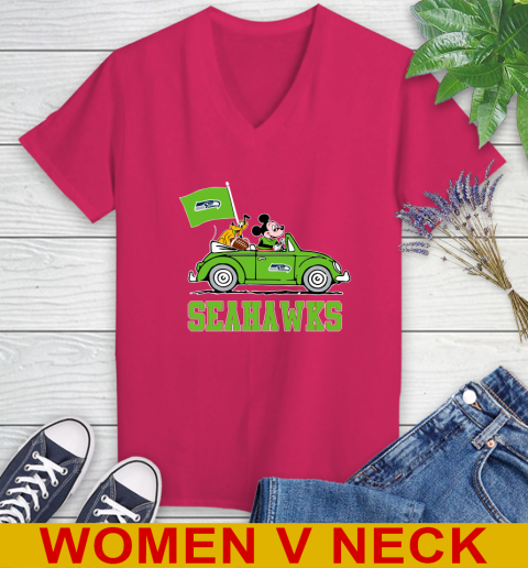 NFL Football Seattle Seahawks Pluto Mickey Driving Disney Shirt Women's V-Neck T-Shirt 10