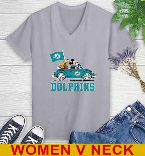 NFL Football Miami Dolphins Pluto Mickey Driving Disney Shirt Women's V-Neck T-Shirt 5