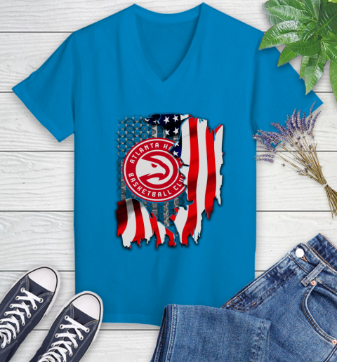 Atlanta Hawks NBA Basketball American Flag Women's V-Neck T-Shirt 7