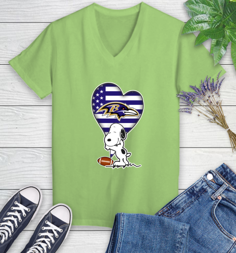 Baltimore Ravens NFL Football The Peanuts Movie Adorable Snoopy Women's V-Neck T-Shirt 11