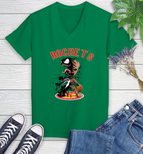 NBA Houston Rockets Basketball Venom Groot Guardians Of The Galaxy Women's V-Neck T-Shirt 5