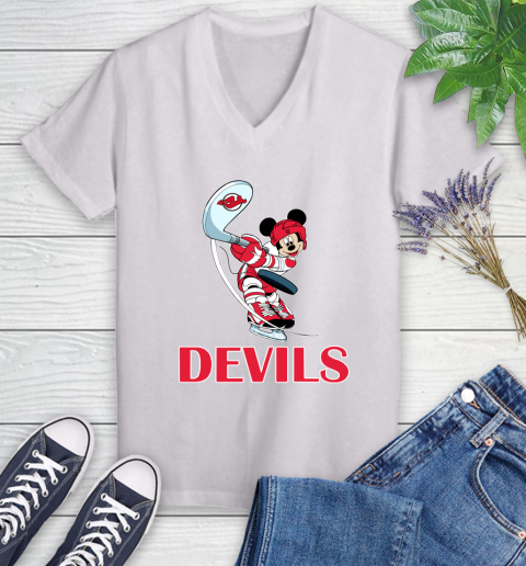 NHL Hockey New Jersey Devils Cheerful Mickey Mouse Shirt Women's V-Neck T-Shirt 2
