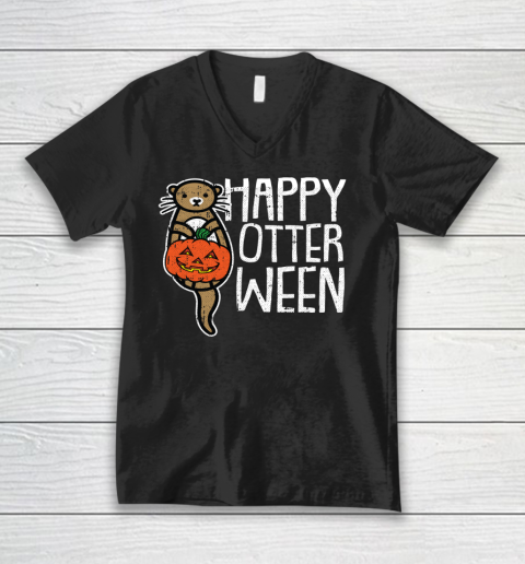 Happy Otter Ween Lazy Halloween Costume Funny Animal Pun V-Neck T-Shirt
