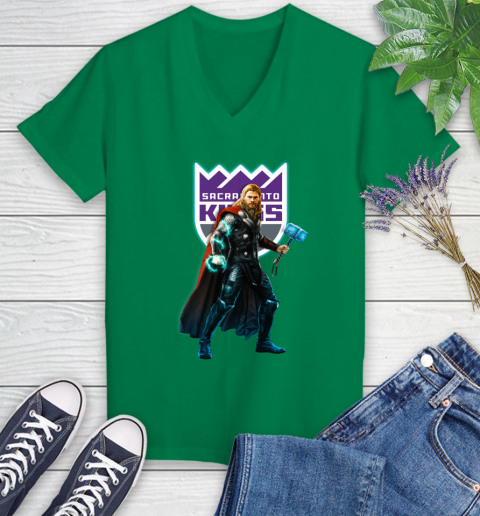 NBA Thor Avengers Endgame Basketball Sacramento Kings Women's V-Neck T-Shirt 5