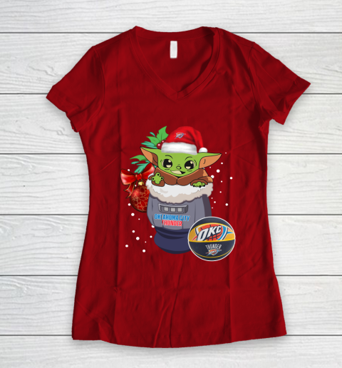 Oklahoma City Thunder Christmas Baby Yoda Star Wars Funny Happy NBA Women's V-Neck T-Shirt 10