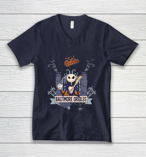 MLB Baltimore Orioles Baseball Jack Skellington Halloween V-Neck T-Shirt 2
