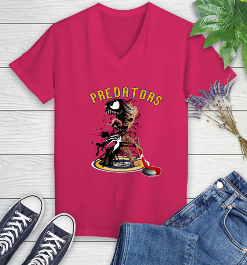 NHL Nashville Predators Hockey Venom Groot Guardians Of The Galaxy Women's V-Neck T-Shirt 9