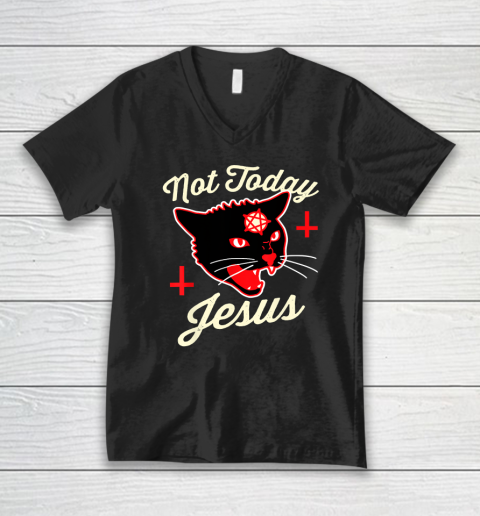 Not Today Jesus Hail Satan Satanic Cat Death Metal Halloween V-Neck T-Shirt