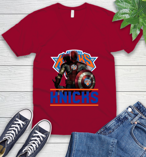 New York Knicks NBA Basketball Captain America Thor Spider Man Hawkeye Avengers V-Neck T-Shirt 8