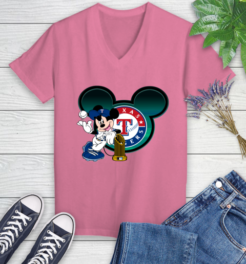 MLB Texas Rangers The Commissioner's Trophy Mickey Mouse Disney Women's V-Neck T-Shirt 13