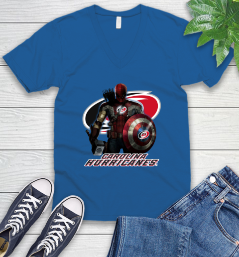 NHL Captain America Thor Spider Man Hawkeye Avengers Endgame Hockey Carolina Hurricanes V-Neck T-Shirt 6