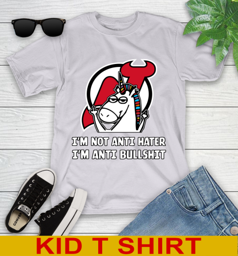 New Jersey Devils NHL Hockey Unicorn I'm Not Anti Hater I'm Anti Bullshit Youth T-Shirt 5