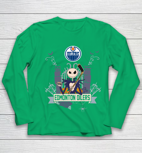 NHL Edmonton Oilers Hockey Jack Skellington Halloween Youth Long Sleeve 4