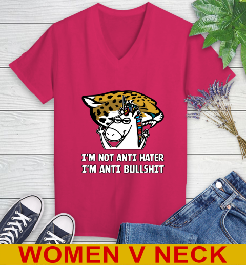 Jacksonville Jaguars NFL Football Unicorn I'm Not Anti Hater I'm Anti Bullshit Women's V-Neck T-Shirt 10