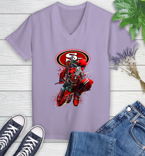NFL Deadpool Marvel Comics Sports Football San Francisco 49ers Women's V-Neck T-Shirt 14