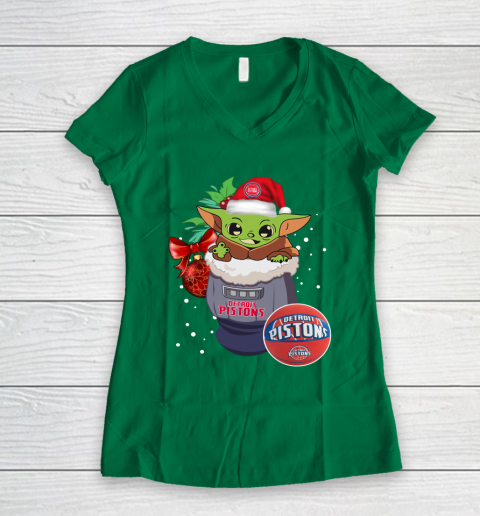 Detroit Pistons Christmas Baby Yoda Star Wars Funny Happy NBA Women's V-Neck T-Shirt 5