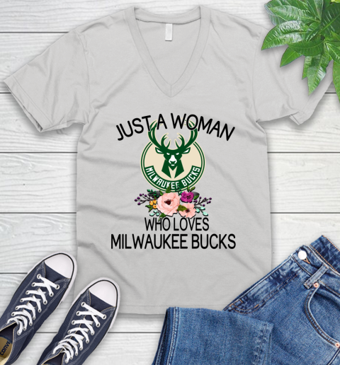 NBA Just A Woman Who Loves Milwaukee Bucks Basketball Sports V-Neck T-Shirt