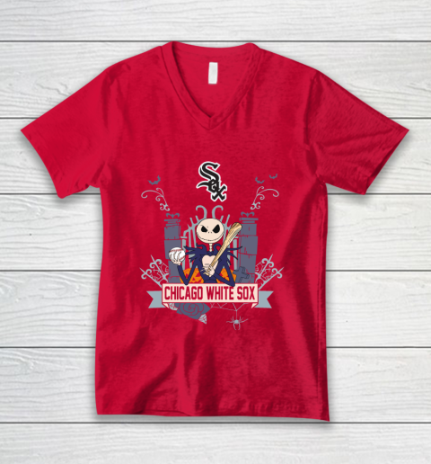 MLB Chicago White Sox Baseball Jack Skellington Halloween V-Neck T-Shirt 6
