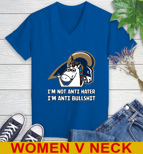 Los Angeles Rams NFL Football Unicorn I'm Not Anti Hater I'm Anti Bullshit Women's V-Neck T-Shirt 11